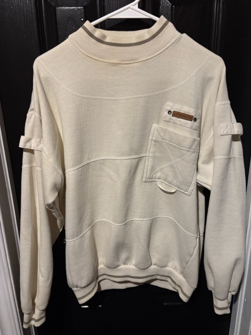 Expressions Cream Crewneck Sweater with Chest Pocket and Stripe Trim
